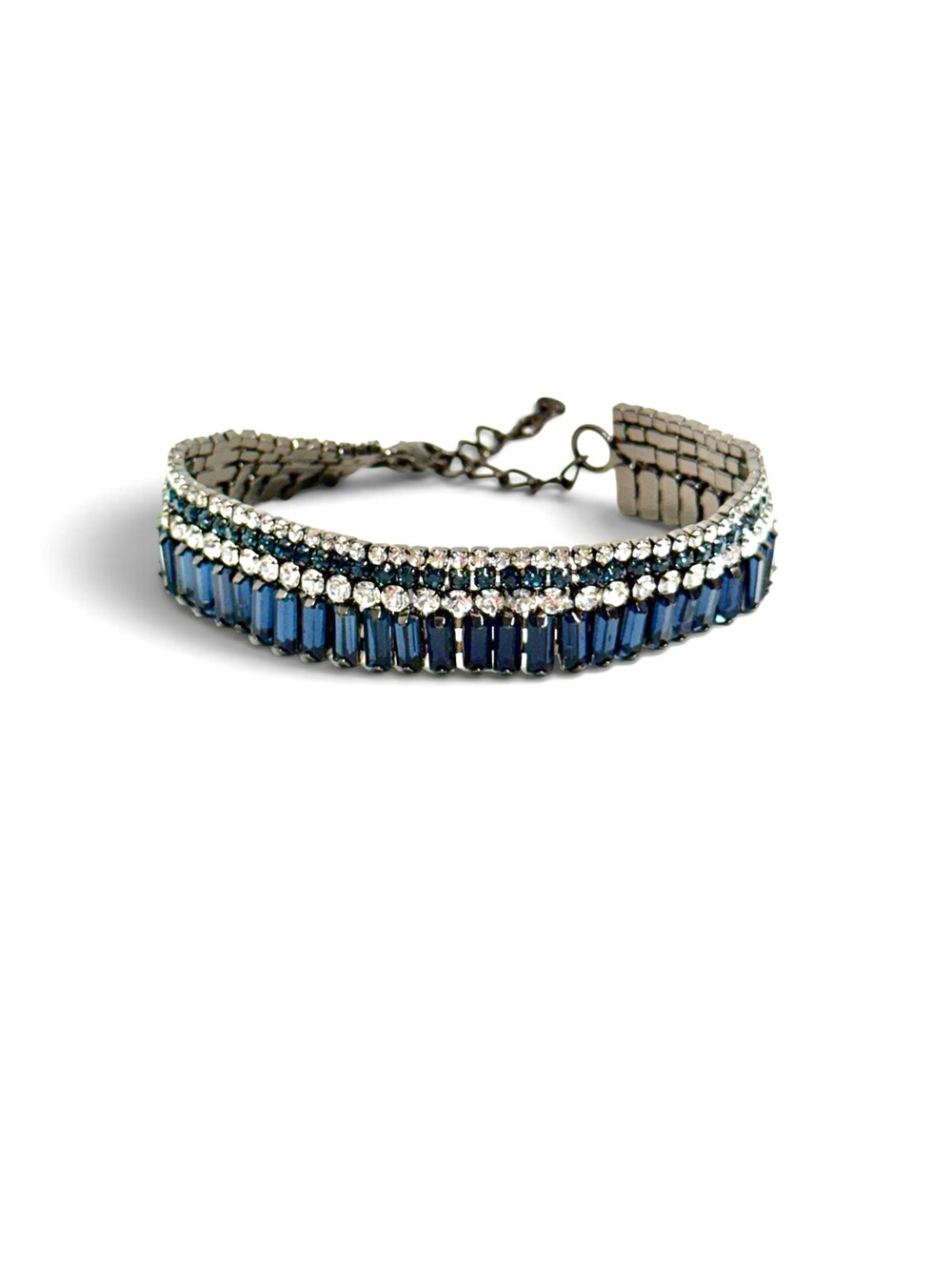 Stella & Ruby Blue Crystal Baguette Bracelet | Gunmetal Rhinestone Statement NWT